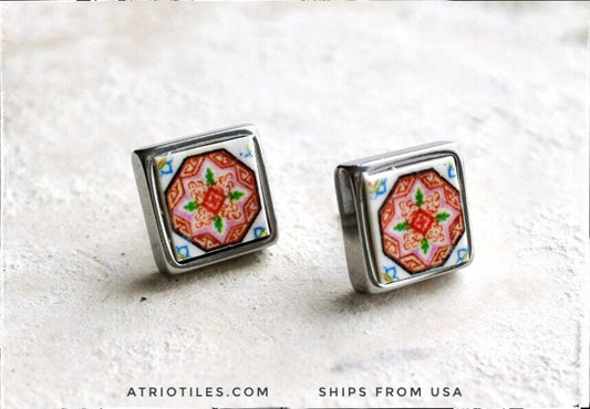 Stud Earrings Portugal Tile Atrio Pink SOLID STAINLESS Steel Antique Azulejo Tile EsMORIZ  Gift Box Included - Ships from USA 389