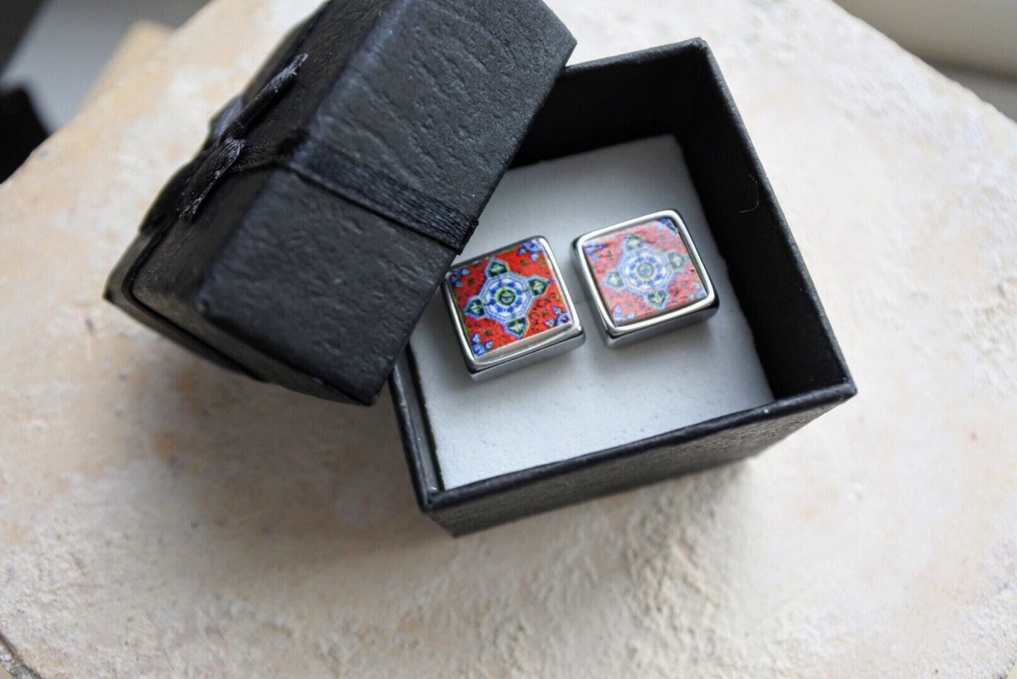 Stud Earrings Tile Post Atrio Portugal Azulejo Portuguese SOLID Stainless Steel Ilhavo Aveiro Persian Gift Box included 397 USA Shipping