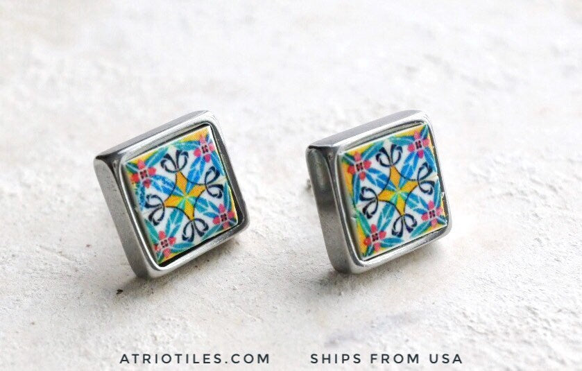 Stud Earrings Tile Post Atrio Portugal Azulejo Portuguese SOLID Stainless Steel Ilhavo Aveiro Persian Gift Box included 397 USA Shipping