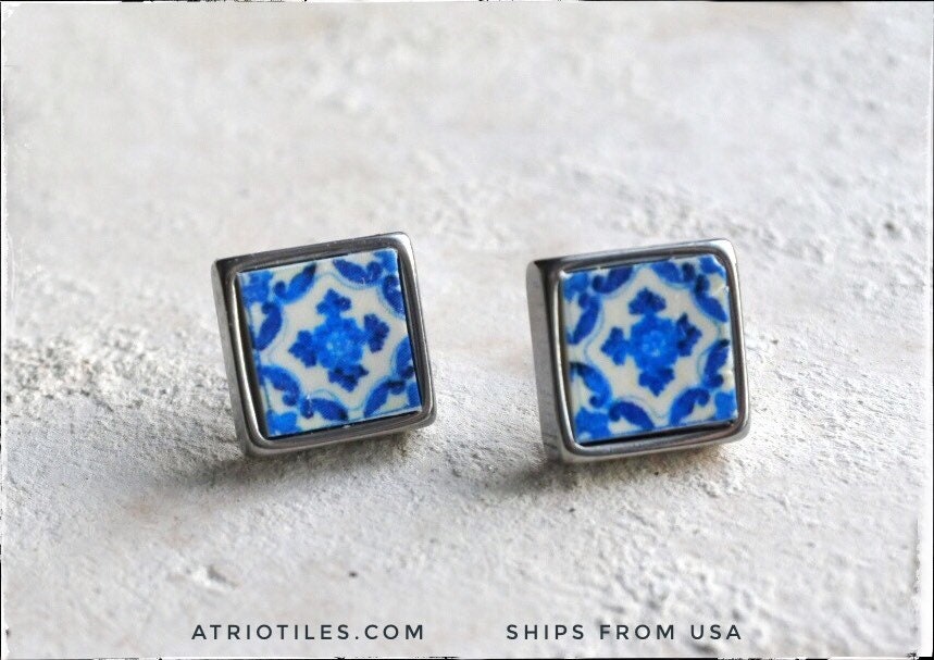 Stud Post Earrings Portugal Tile Atrio SOLID Stainless Steel Blue Antique Azulejo  Ovar Gift Box Included -  Ships from USA 621