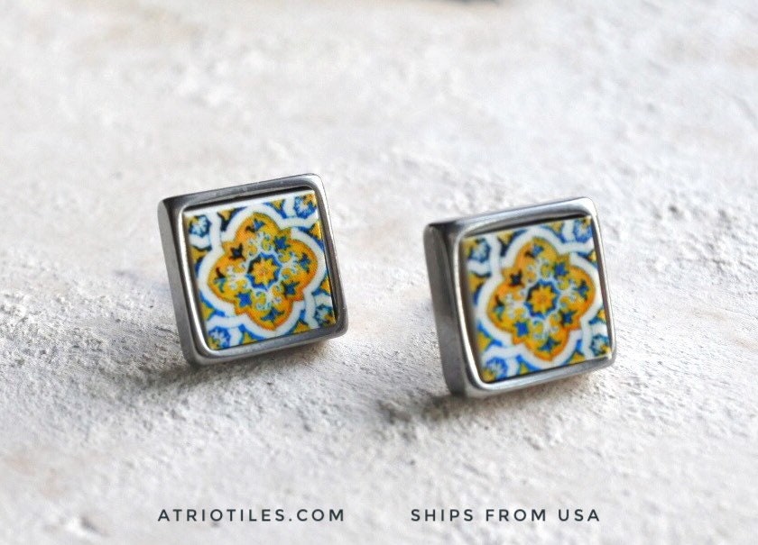 Stud Earrings Portugal Atrio SOLID Stainless Steel 17th Century Gold Blue Azulejo Tile Tomar -Convent of Christ built in 1160  224