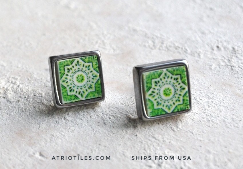 Stud Earrings Portugal Green Tile Post Atrio SOLID Stainless Steel  Ilhavo, Green-  Hypo Allergenic Ships from USA 490