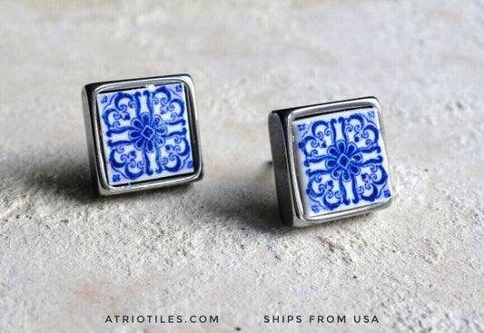 Stud Earrings Tile Portugal SOLID STAINLESS Steel Post Azulejo Blue BaRCELOS Gift Box Included Posts - Ships from USA  705