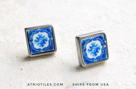 Stud Earrings Tile Portugal Blue SOLID Stainless Steel Posts ATRIO Ovar - Blue Hypo Allergenic Gift Box Included Ships from USA 439