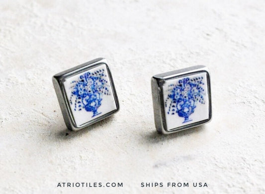 STUD Earrings Portugal Tile ATRIO Post in Solid Stainless Steel Portuguese Azulejo  - Church of Mercy Evora  1136  USA Shipping