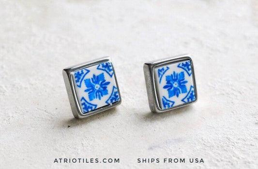 Earrings STUD Portugal Atrio Blue Tile Azulejos Post Blue Igreja de Sao Nicolau, 1671 Solid Stainless Steel - Gift Boxed  USA Shipping 493