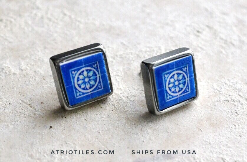 Stud Earrings Portugal Tile Antique Azulejo SOLID Stainless Steel Posts - Gift Box Included - Cortegaça OVAR Portugal - Blue  644