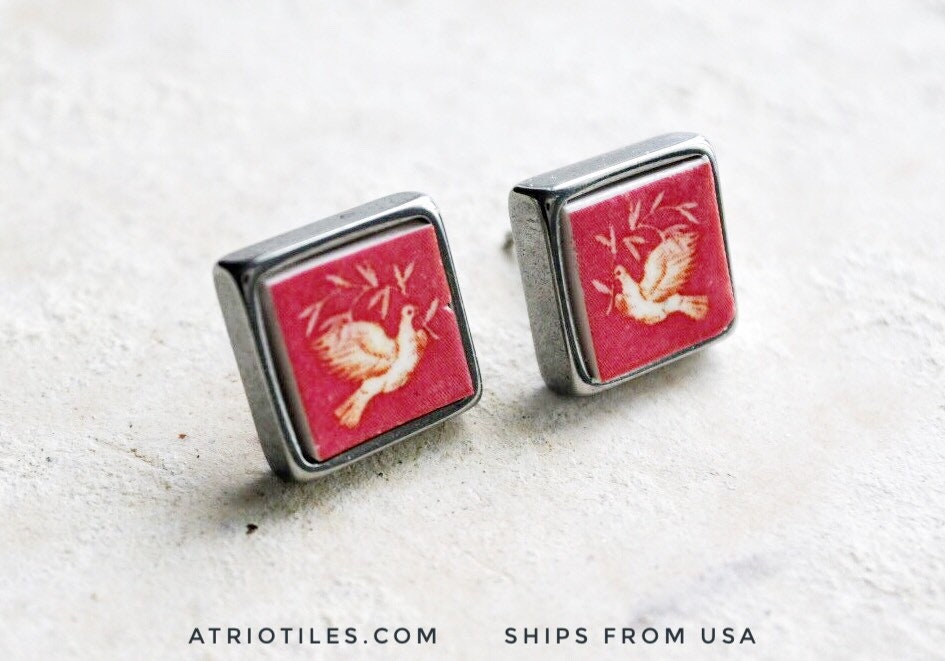 Post Stud Earrings by Atrio Doves Chapel Frescoes PINK  SOLID Stainless Steel- National Palace of Sintra - Doves- Gift Box 489