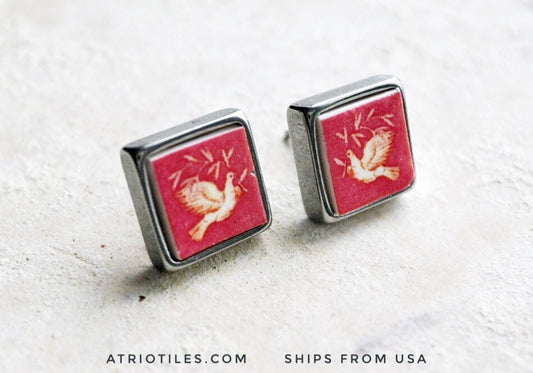 Post Stud Earrings by Atrio Doves Chapel Frescoes PINK  SOLID Stainless Steel- National Palace of Sintra - Doves- Gift Box 489