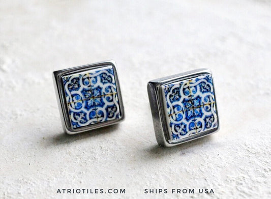 Stud Earrings Portugal Tile Atrio Antique Azulejo 17th Century Italo Flemish BLuE Earrings SOLID Stainless Steel Ships from USA   550