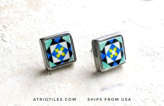 Stud Earrings Portugal Tile Antique Azulejo Atrio SOLID Stainless Steel Post Cartaxo- BoLD CoLORS  Ships from USA 417