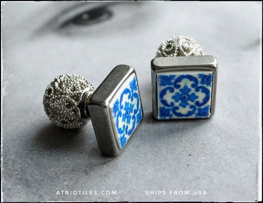 Double Earrings Front Back Portugal Tile Filigree Ball sits BEHIND earlobe Stainless Steel Post Azulejo - BRAGA Blue  - Gift Boxed