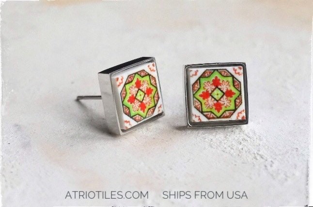 Atrio Stud Earrings Portugal Tile Green Small SOLID Stainless Steel Posts Antique Azulejo Ovar  Ships from USA - Gift Box Included 623