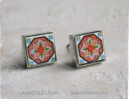 Stud Earrings Portugal Tile Atrio Pink Antique Azulejo SOLID Stainless Steel Esmoriz  (see photo) Gift Box Included - Ships from USA - SMALL