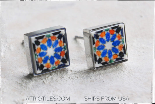 Stud EARRINGS Tile Portugal 16th Century Hispano-Arab Azulejo Arista Monastery of Santa Clara in Coimbra 1314 SOLID Stainless Steel SMALL