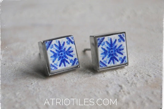 STUD Earrings Portugal Tile Atrio Azulejo Porto Blue SoLID Stainless Steel Hypo allergenic Gift Box included Ships from USA SMALL