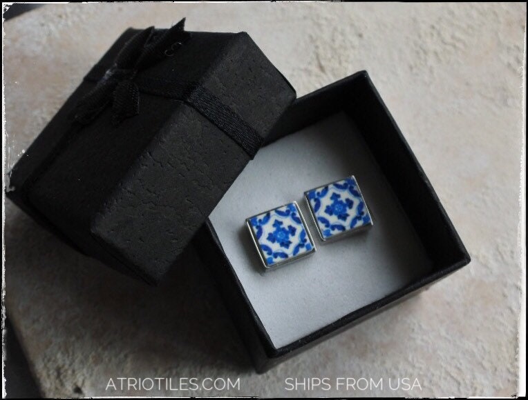 STUD Earrings Portugal Tile ATRIO Post SoLID Stainless Steel Portuguese Azulejo  - Church of Mercy Evora  1136  USA Shipping SMaLL