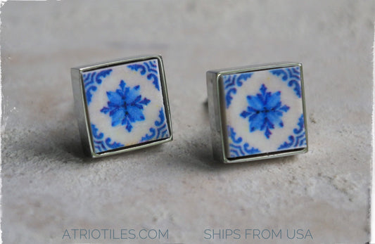 Stud Earrings Portugal Tile Atrio Antique Azulejo  Mosaic Earrings Cartaxo- Royal Blue - SOLID Stainless Steel Gift Box Included SMALL