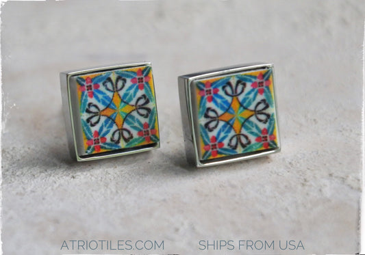 Stud Earrings Tile Post Atrio Portugal Azulejo Portuguese SOLID Stainless Steel Ilhavo Aveiro Persian Gift Box included USA Shipping SMALL