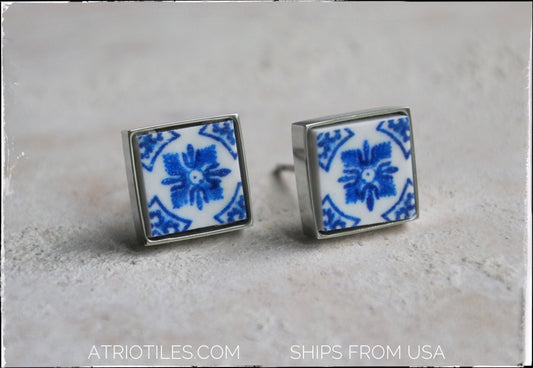 Earrings STUD Portugal Blue Tile Azulejos Post Blue Igreja de Sao Nicolau, 1671 SoLID Stainless Steel - Gift Boxed  USA Shipping SMALL