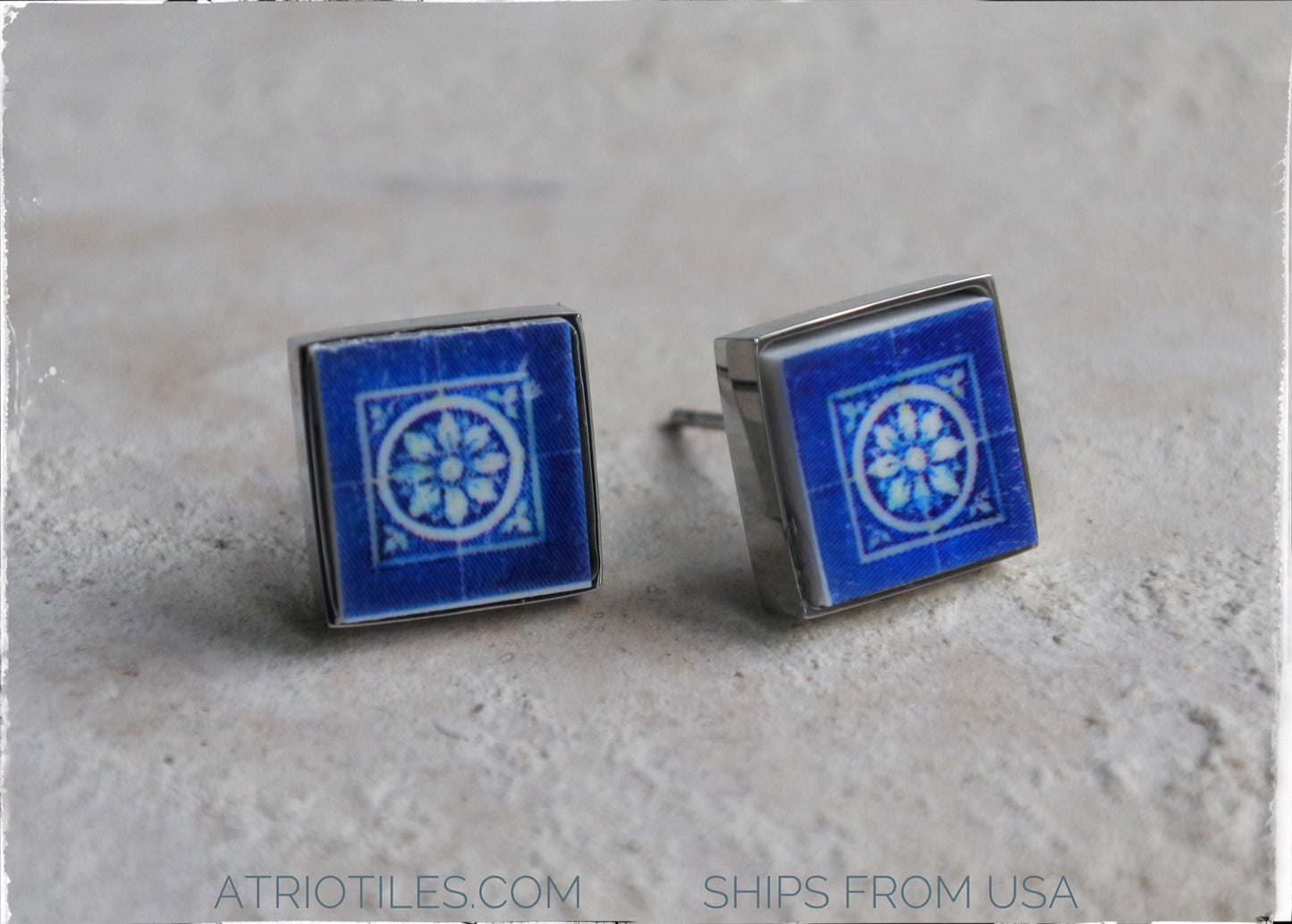 Stud Earrings Portugal Tile Antique Azulejo SOLID Stainless Steel - Gift Box Included - Cortegaça OVAR Portugal - Blue  SMALL