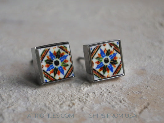 Stud Earrings Talavera de la Reina 1565  SPANISH Tile SOLID Stainless Steel - Iberian Peninsula Monserrate Sintra Palace  773 Small