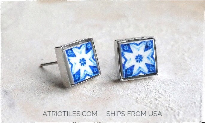 Atrio Stud Earrings Atrio Tile Portugal Blue Azulejo  -Solid Stainless Steel - Gift Box Included - Ships from USA Minimal