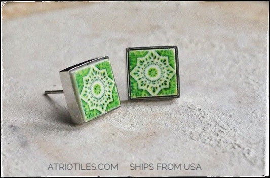 Stud Earrings Portugal Green Tile Post Atrio  Ilhavo, SOLID Stainless Steel Hypo Allergenic Ships from USA