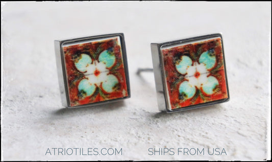 Stud Earrings Portugal Tile Atrio Azulejo Lotus Caldas Rainha Bordallo Pinheiro Art Nouveau Deco Solid Stainless Steel USA Shipping SMALL