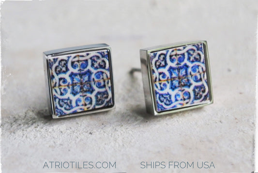 Stud Earrings Portugal Tile Atrio Antique Azulejo 17th Century Italo Flemish BLuE Earrings SOLID Stainless Steel Ships from USA  SMALL