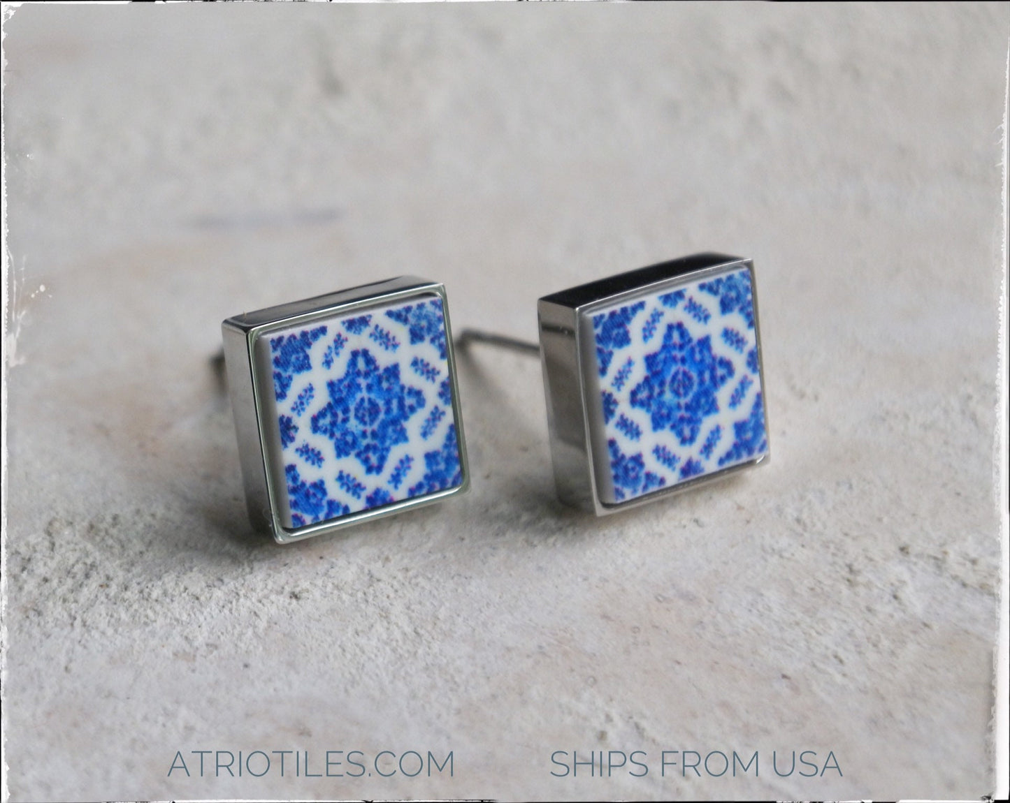 STUD Earrings Tile Portugal Blue SoLID Stainless Steel Posts Posts Ovar - Blue Hypo Allergenic Gift Box Included Ships from USA SMALL