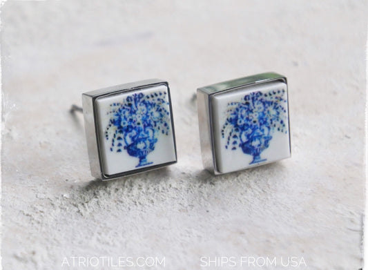 STUD Earrings Portugal Tile ATRIO Post SoLID Stainless Steel Portuguese Azulejo  - Church of Mercy Evora  1136  USA Shipping SMaLL