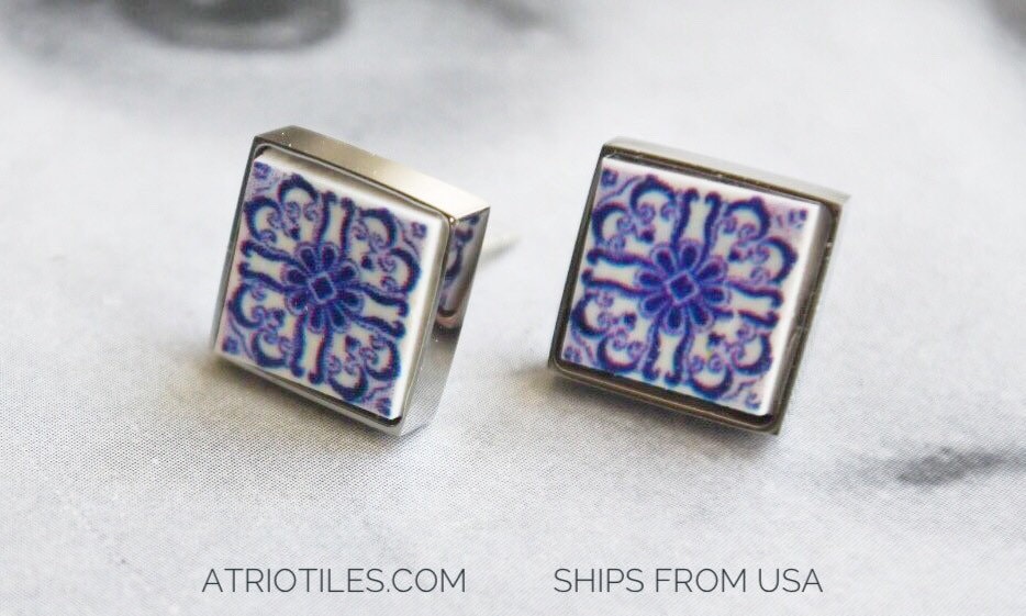 Stud Earrings Tile Portugal Post Azulejo Blue Barcelos Gift Box Included SOLID Stainless Steel Posts - Ships from USA  705 SMALL