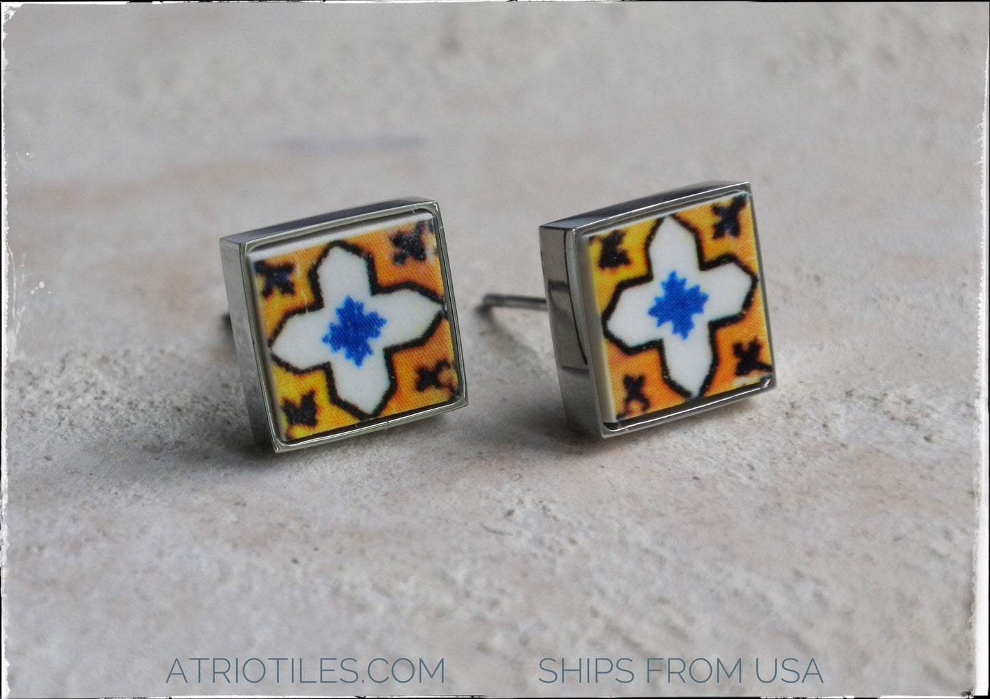 Stud Earrings Portugal Tile Atrio Azulejo Blue and Yellow - Ovar and Porto Gift Box Included SOLID Stainless Steel 1531 Small