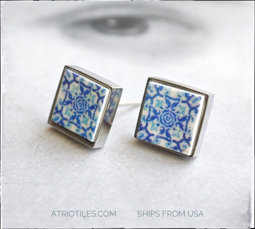 Stud Earrings Portugal Tile Atrio Blue Azulejo Portuguese Cartaxo Igreja São João Baptista 1522 SOLID Stainless Steel USA Shipping 726 Small