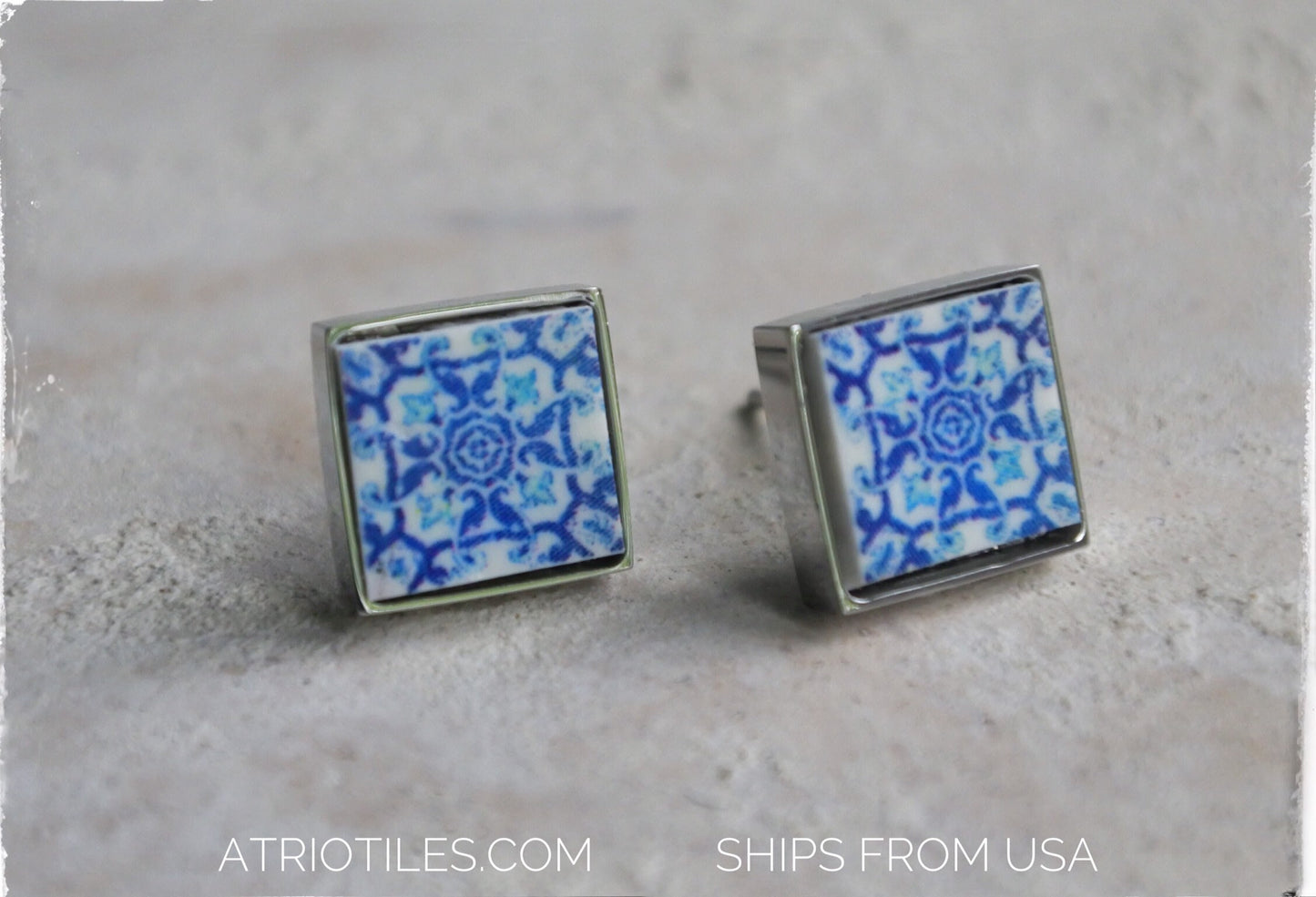 Stud Earrings Portugal Tile Atrio Blue Azulejo Portuguese Cartaxo Igreja São João Baptista 1522 SOLID Stainless Steel USA Shipping 726 Small