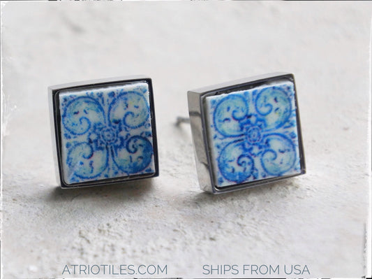 STUD Earrings Portugal Tile Atrio SOLID Stainless Steel Azulejo  University of Évora founded in 1559 Hypo allergenic  USA Shipping 700 Small