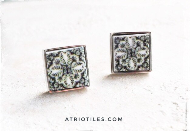 Atrio Stud Post Earrings Tile Black White Stainless Steel Azulejos Hypoallergenic 9mm Ships from USA in Gift Box 358a