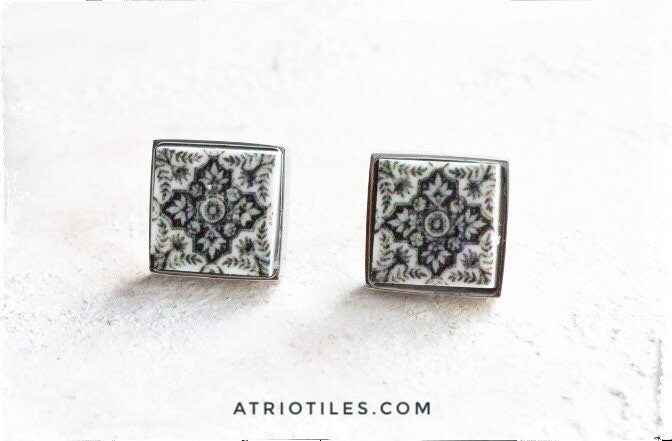 Atrio Stud Post Earrings Tile Black White Stainless Steel Azulejos Hypoallergenic 9mm Ships from USA in Gift Box 358