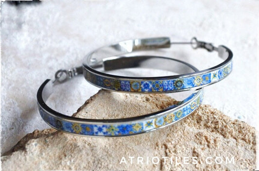 Hoops Earrings Atrio Tile Portugal Stainless Steel  Azulejo -  2"  Blue Gold 16 - 17th Century Tiles USA Shipping Silver Tone