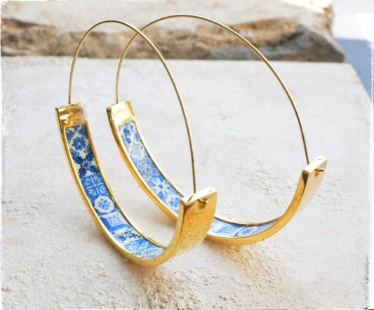 Hoops Earrings Atrio Tile Portugal Stainless Steel  Azulejo -  1.75"  Blue and WhiteTiles USA Shipping 4.5cm Lightweight!