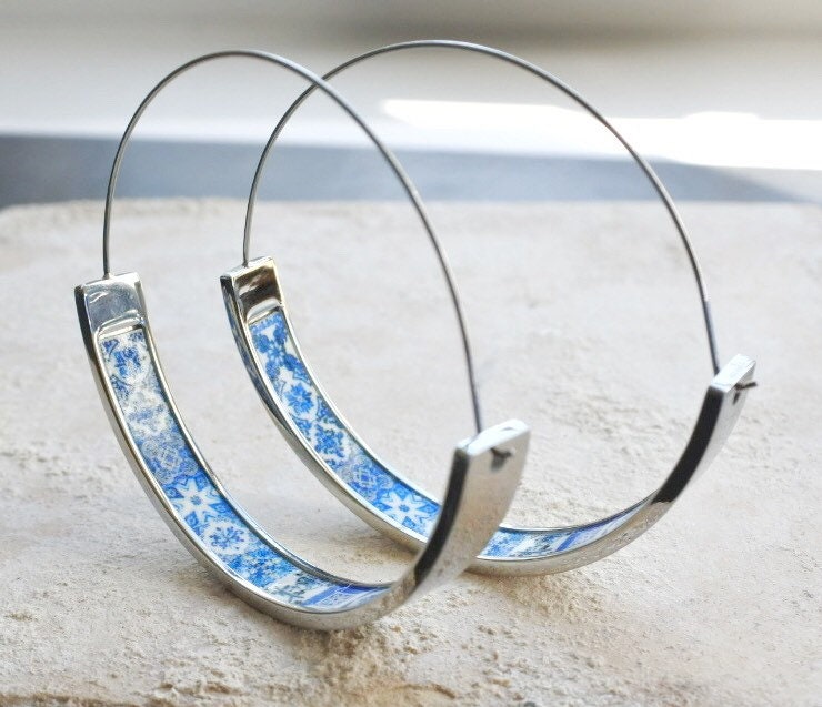 Hoops Earrings Atrio Tile Portugal Stainless Steel  Azulejo -  1.75"  Blue and WhiteTiles USA Shipping  4.5cm Lightweight! NEW