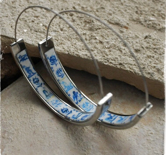 Hoops Atrio Earrings Tile Portugal Stainless Steel Flat Bottom Antique Azulejo 1.75" Delft Pasteis de Belem Minimal USA Shipping