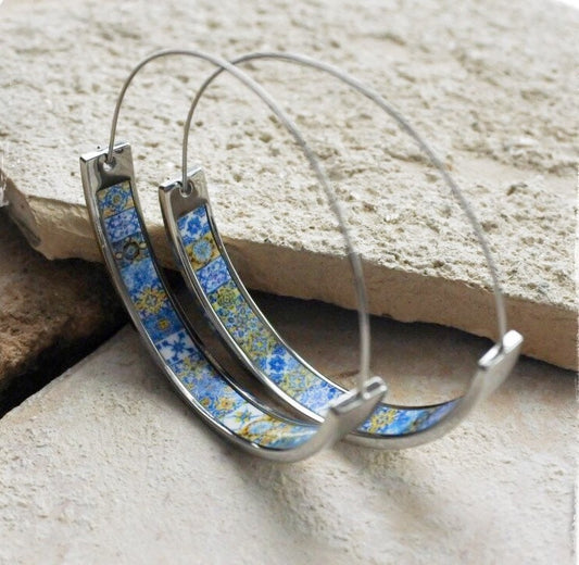 Hoops Earrings Atrio Tile Flat Bottom Portugal Stainless Steel  Azulejo -  1.75"  Blue Gold 16 - 17th Century Tiles USA Shipping
