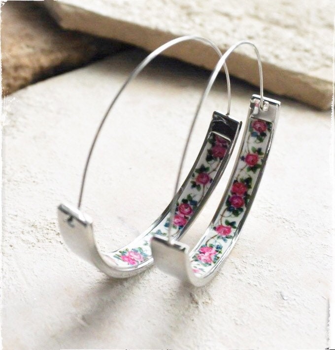 HOOPS Earrings Atrio Tile Portugal Roses Stainless Steel Antique Azulejo  1.75" Delicate Setubal Abandoned Building  Ships from USA