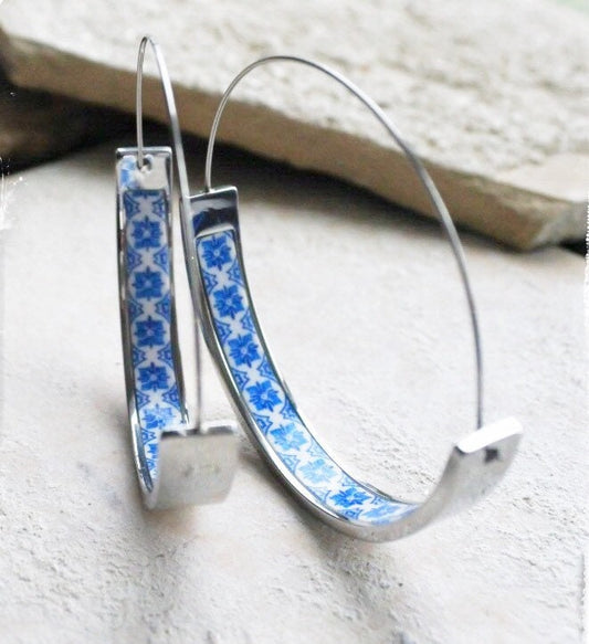 Hoops Earrings Tile Atrio Portugal Blue Azulejo Stainless Steel 1.75" Ships from USA Igreja de Sao Nicolau, 1671