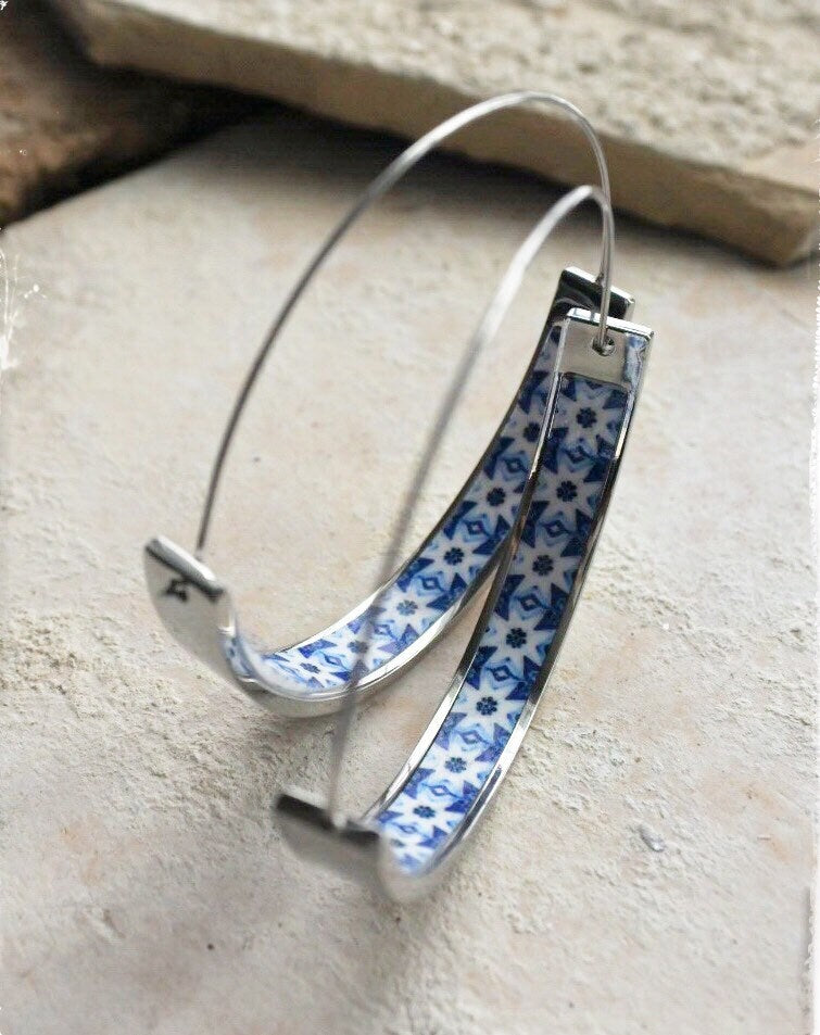 Earrings Hoops Atrio Tile Blue Portugal Azulejo  Porto Lightweight Stainless Steel Ships from USA 1.75" Flat Bottom Pinterest Hypoallergenic