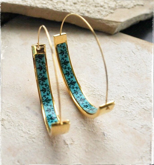Hoops Earrings ATRIO Hoops Tile Portugal Stainless Steel Antique Azulejo - 1.75" Sea Green Border, Lisbon  Ships from USA Hypo allergenic