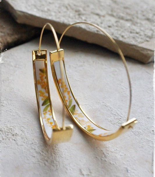 Hoops Earrings Atrio MIMOSA Yellow Flowers Portugal Stainless Steel Acacia  -  1.75"  Orrechini Italy Italian Ships from USA
