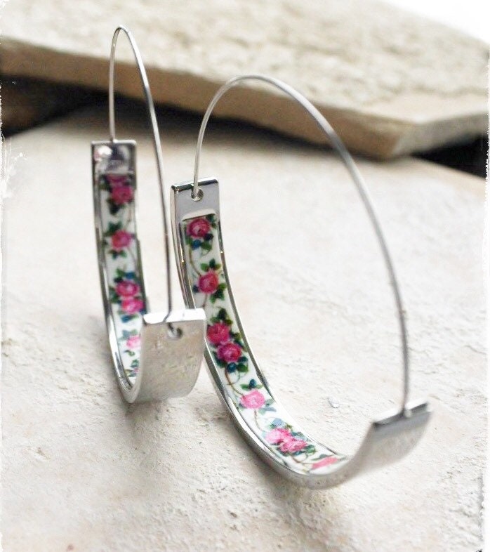 HOOPS Earrings Atrio Tile Portugal Roses Stainless Steel Antique Azulejo  1.75" Delicate Setubal Abandoned Building  Ships from USA